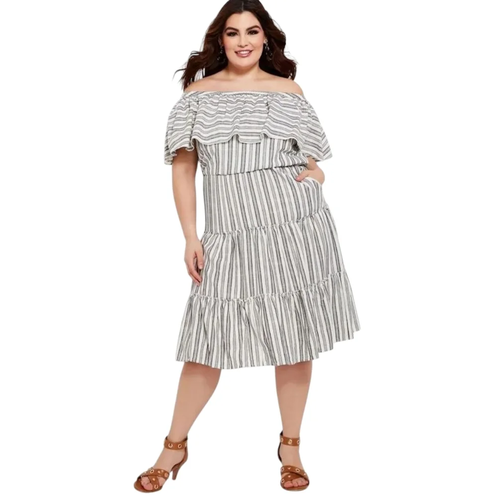 Ashley Womens Linen Euro Summer Beachy Coastal Off Shoulder Striped Tiered Dress